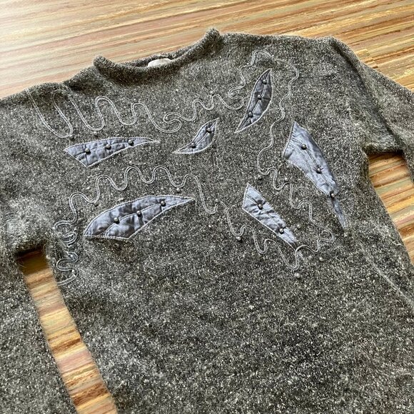Jessica Silk Angora Knit Pullover Sweater Vintage Grey w/ Beaded Satin Applique - Picture 4 of 7